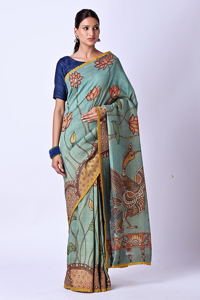 Blue Tusser Sarees with Kalamkari Prints all over - dvz0003292