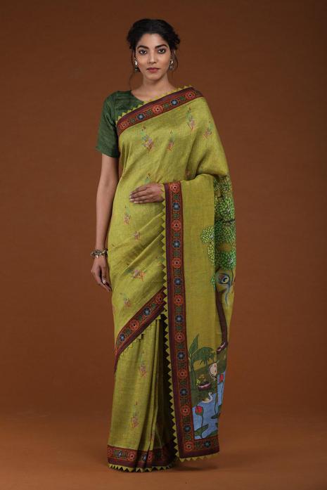 A handwoven tussar linen fabric saree in green colour 