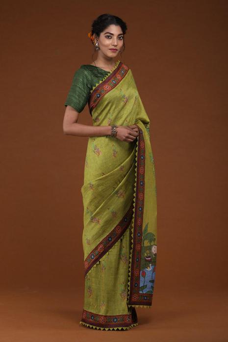 A handwoven tussar linen fabric saree in green colour 
