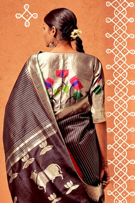 Silver Grey coloured woven Pichwai blouse crafted from luxurious paithani silk fabric.