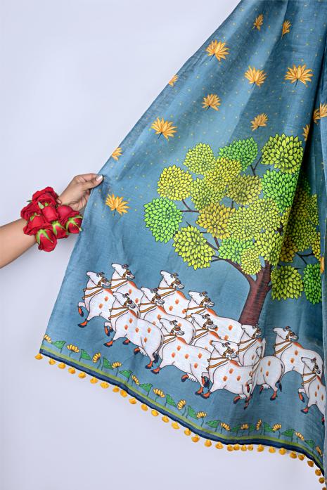  Printed Pichwai designs blue coloured dupatta on handwoven Tussar linen fabric.