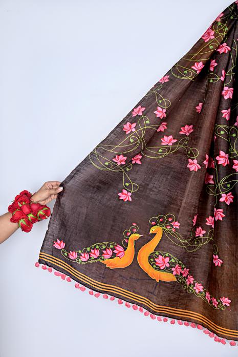 Printed Pichwai designs dark brown coloured dupatta