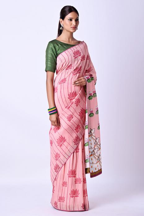A handwoven tussar linen fabric saree in pink colour 