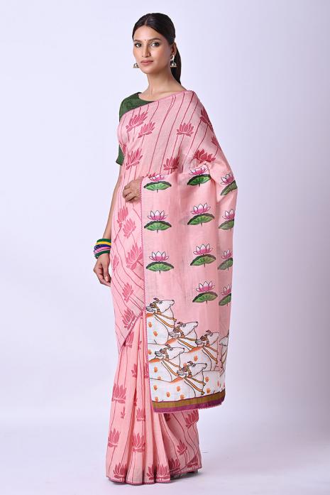 A handwoven tussar linen fabric saree in pink colour 