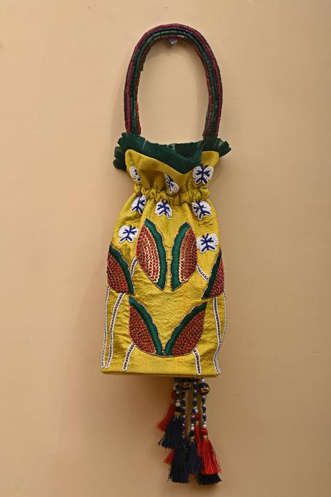 Yellow Hand Embroidered Pichwai Potli