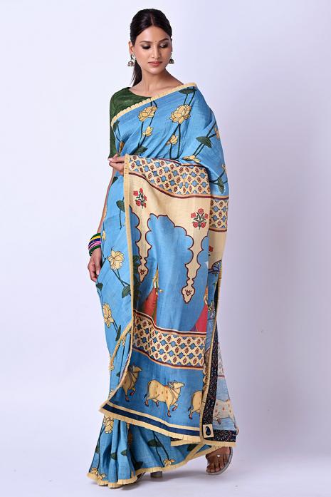 A handwoven tussar linen fabric saree in blue colour