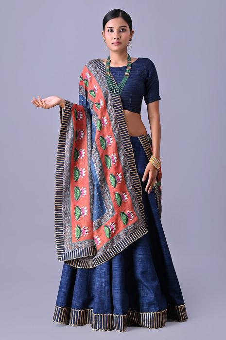 Colorful party wear blue dupattas with intricate pichwai prints and embroidery