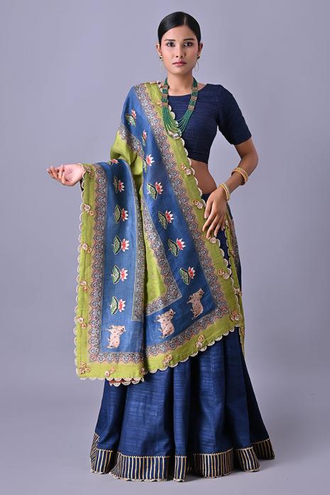 Colorful party wear green dupattas with intricate pichwai prints and embroidery