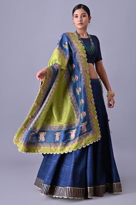 Colorful party wear green dupattas with intricate pichwai prints and embroidery