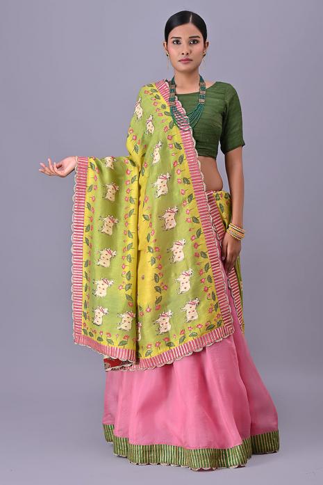 Colorful party wear yellow dupattas with intricate pichwai prints and embroidery