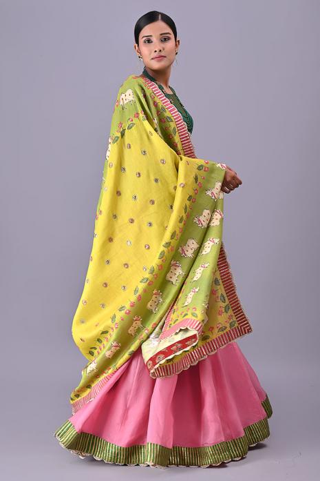Colorful party wear yellow dupattas with intricate pichwai prints and embroidery