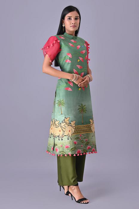 Green coloured Tussar linen tunics with printed Pichwai motifs and elegant organza sleeves.