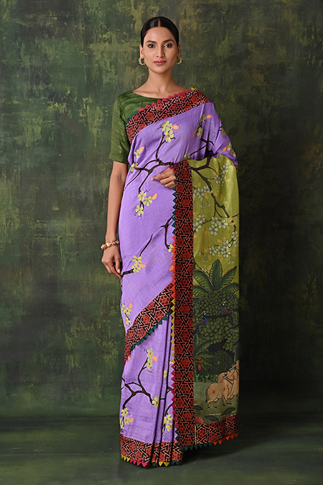 A vibrant collection of lavender handcrafted sarees