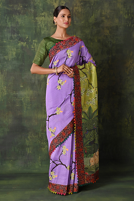 A vibrant collection of lavender handcrafted sarees