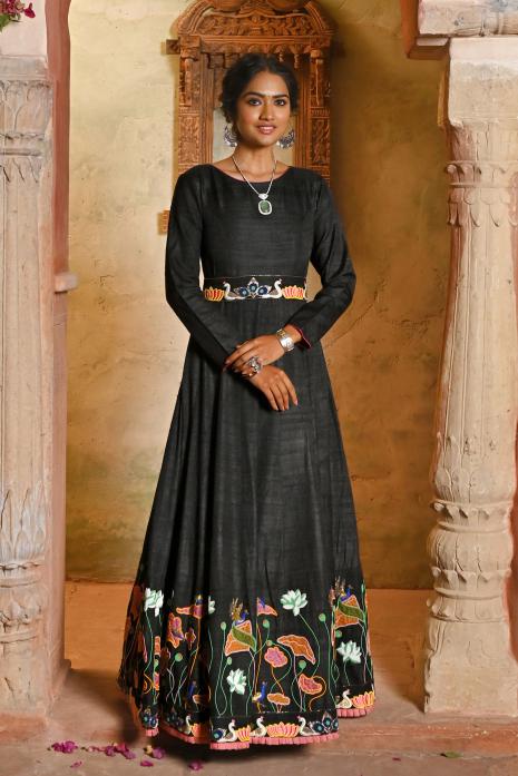 A beautiful print and hand-embroidered gown in black colour