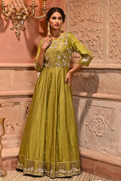 A beautiful print and hand-embroidered gown in green colour