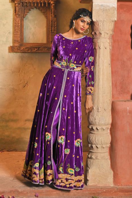 A beautiful print and hand-embroidered gown in purple colour