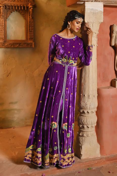 A beautiful print and hand-embroidered gown in purple colour