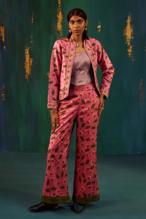 Pichwai printed and and-embroidered co-ord set in pink colour 