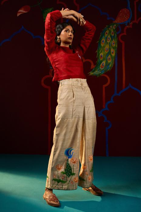 Beige coloured hand-painted Pichwai pants