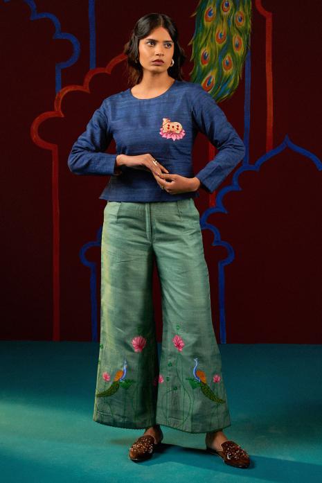 Green coloured hand-painted Pichwai pants