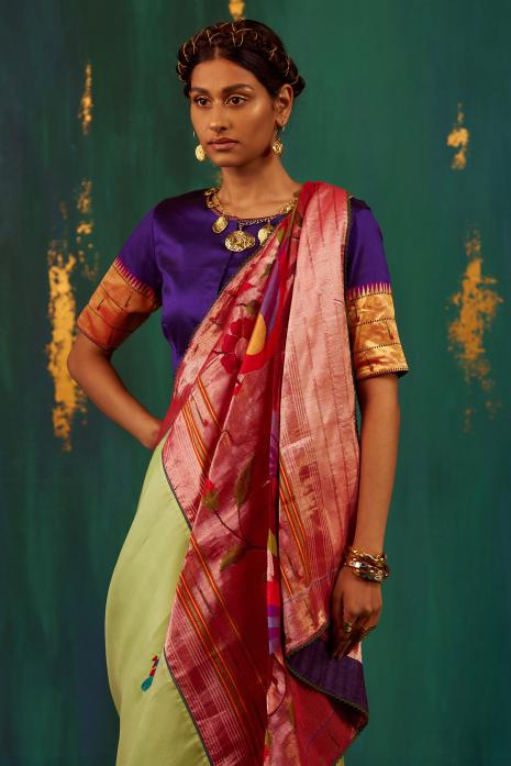 A beautiful fusion handwoven Paithani saree in green colour