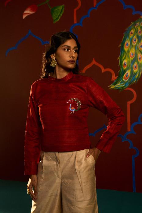 Red coloured hand-painted Ghicha Fabric Top 