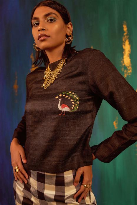 Black coloured hand-painted Ghicha Fabric Top 