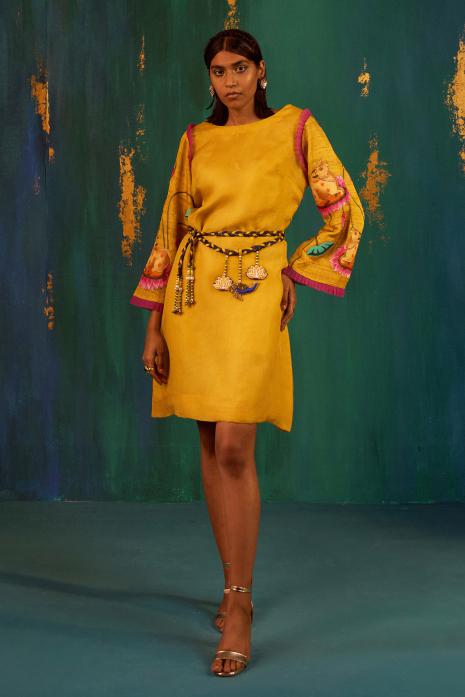 Yellow coloured Hand Painted Tunic With Belt 