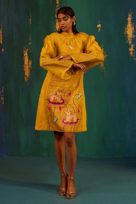 Yellow coloured Hand Painted Tunic Ghicha & Organza