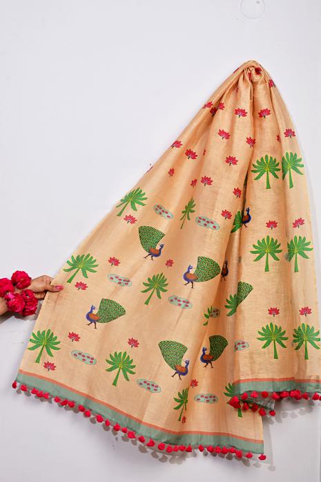 Printed Pichwai designs peach coloured dupatta on handwoven Tussar linen fabric.