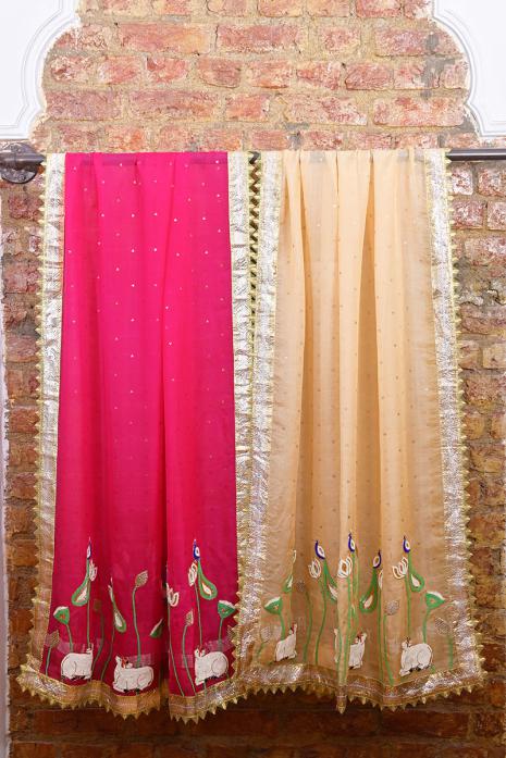 Luxurious and embellished Pichwai organza dupatta in pink colour