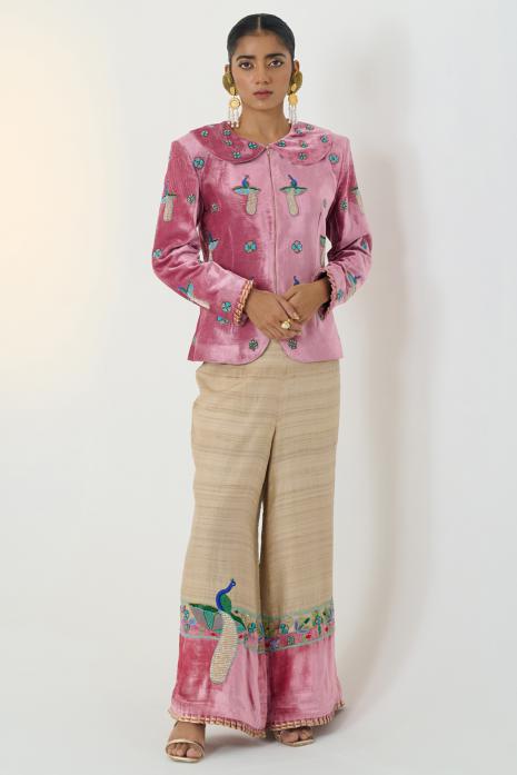 Embroidered pichwai co-ord set in pink & beige colour made in elegant velvet & tussar fabric