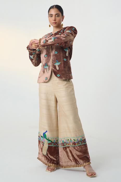 A brown and beige co-ord set adorned with Pichwai embroidery, created from luxurious velvet and tussar fabric
