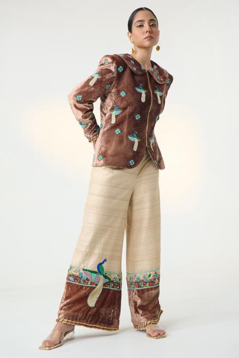 A brown and beige co-ord set adorned with Pichwai embroidery, created from luxurious velvet and tussar fabric
