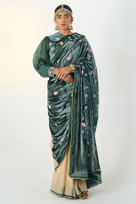 Pichwai velvet & tussar saree in green & beige colour