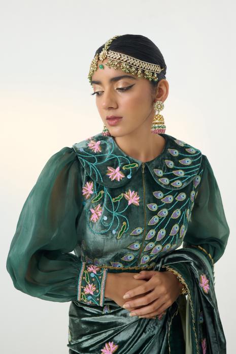 Pichwai velvet & tussar saree in green & beige colour