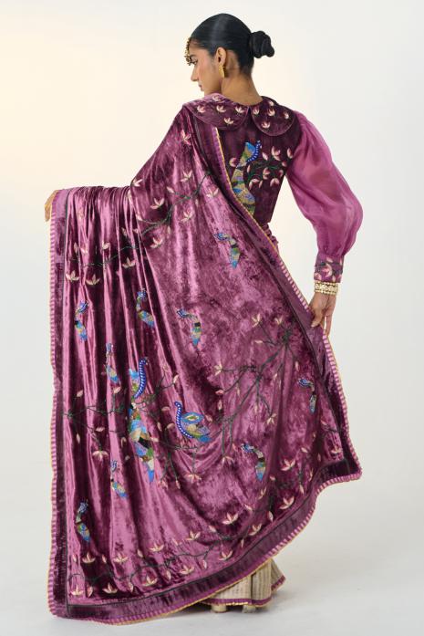 Pichwai velvet & tussar saree in purple & beige colour