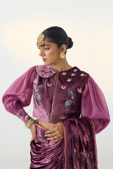 Pichwai velvet & tussar saree in purple & beige colour