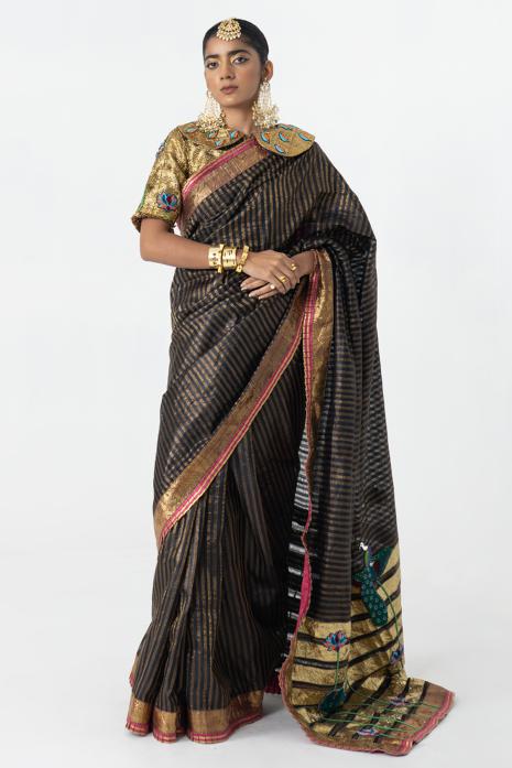 Pichwai velvet & tussar saree in black colour