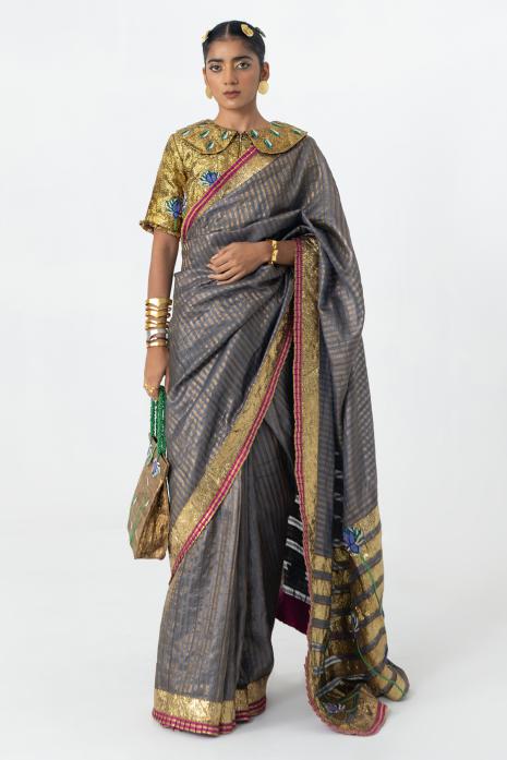 Pichwai velvet & tussar saree in grey colour
