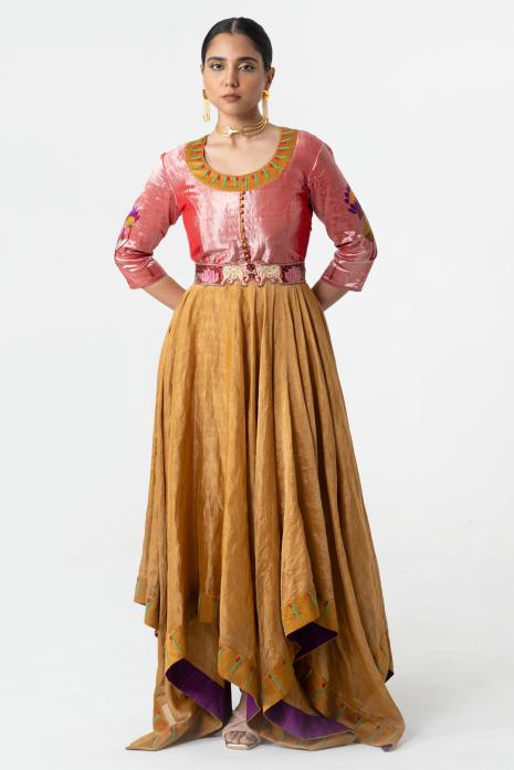 Paithani weaved and hand-embroidered Peach and Mustard dress