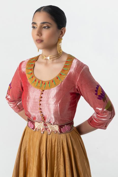Paithani weaved and hand-embroidered Peach and Mustard dress