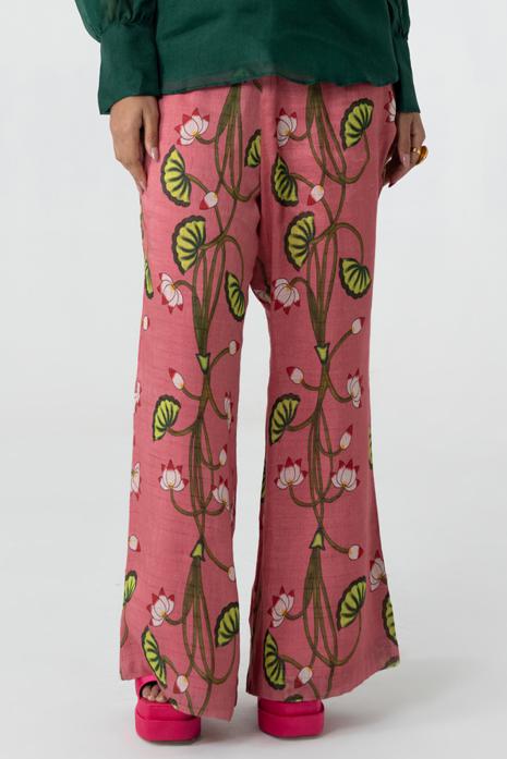 Pink coloured print Pichwai pants featuring intricate Pichwai motifs in vibrant colours.