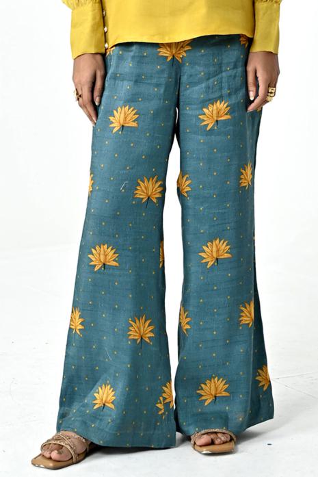 Grey Blue coloured print Pichwai pants featuring intricate Pichwai motifs in vibrant colours.