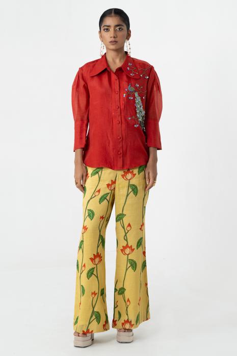 Lemon coloured print Pichwai pants featuring intricate Pichwai motifs in vibrant colours.