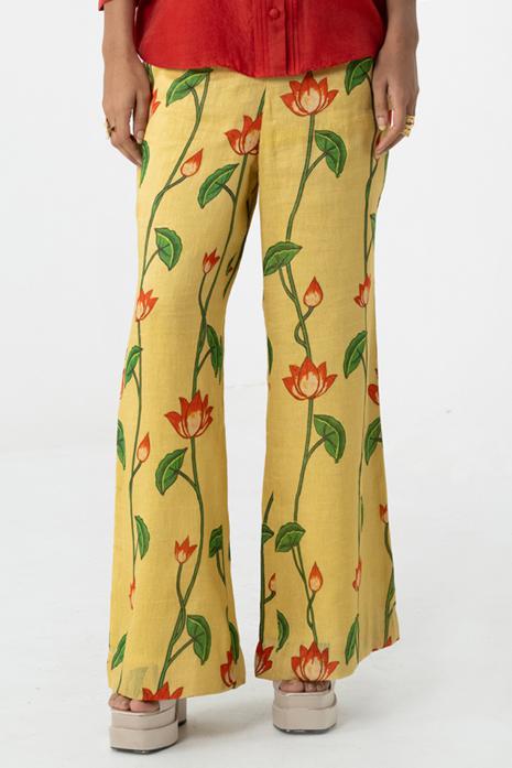 Lemon coloured print Pichwai pants featuring intricate Pichwai motifs in vibrant colours.