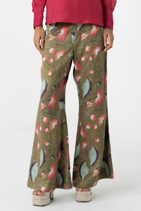 Green coloured print Pichwai pants featuring intricate Pichwai motifs in vibrant colours.