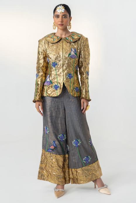 Golden and Grey coloured print Pichwai pants featuring intricate Pichwai motifs in vibrant colours.