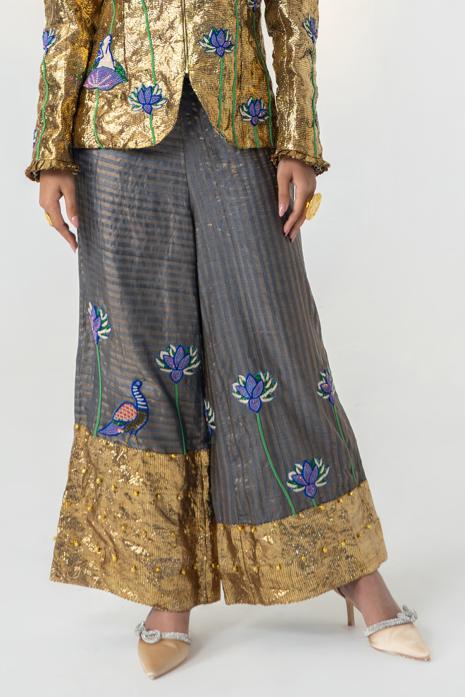 Golden and Grey coloured print Pichwai pants featuring intricate Pichwai motifs in vibrant colours.